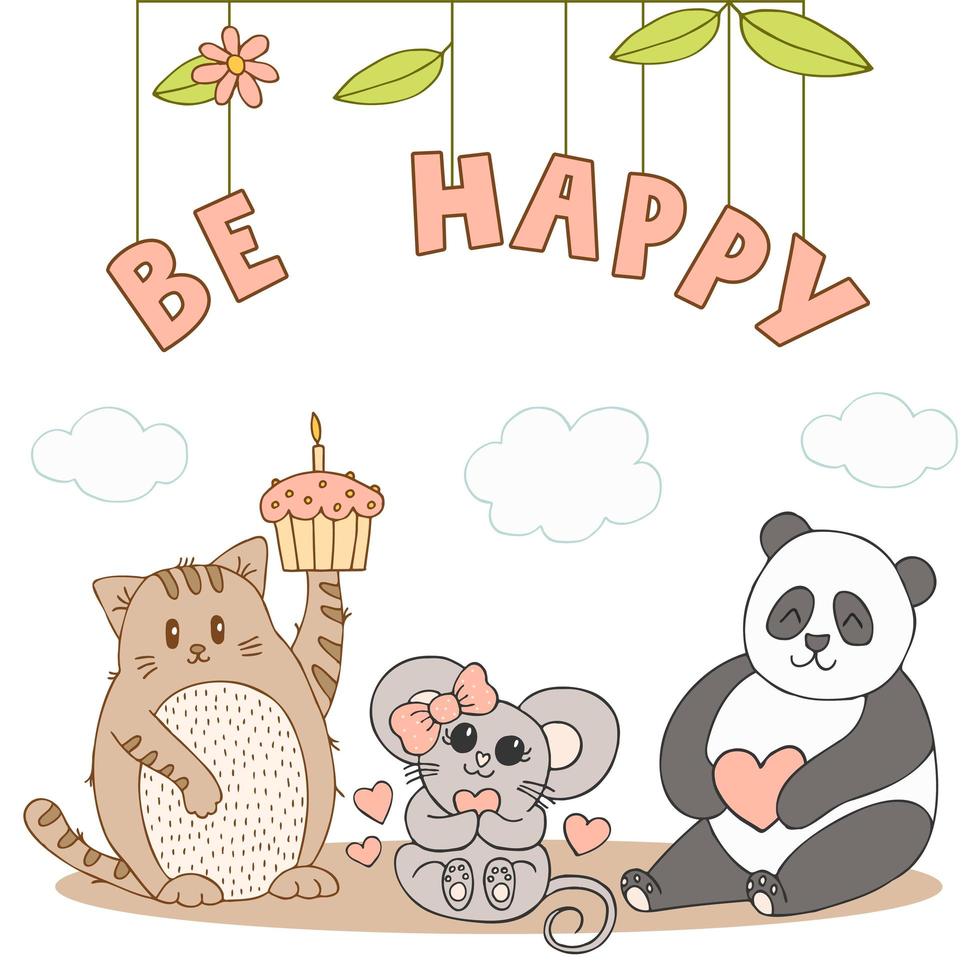 Hand drawn cute animals with lettering. Cat, Panda, Mouse with a pink bow and a heart, cupcake with candle, flower and leaves. Be Happy. Best Friends. Vector. vector