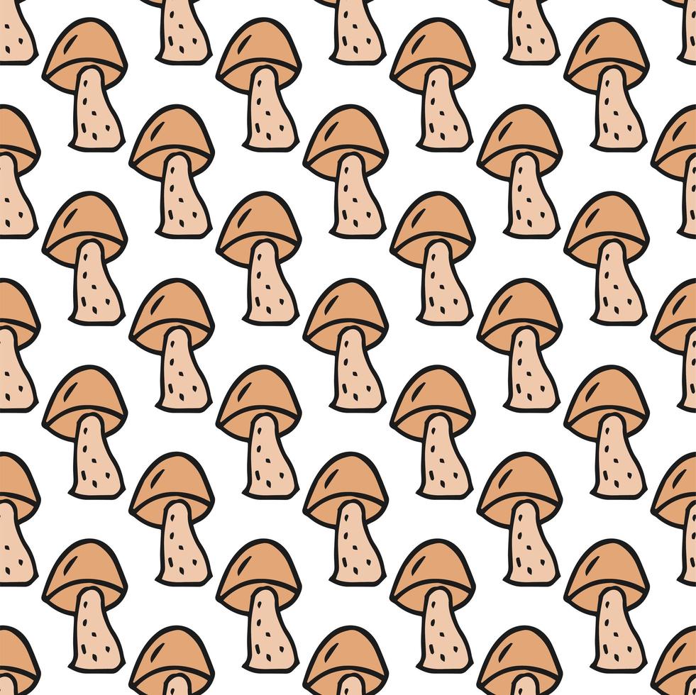 Seamless pattern. Doodle style hand drawn. Nature elements. Vector illustration. Beige mushrooms on a white background.