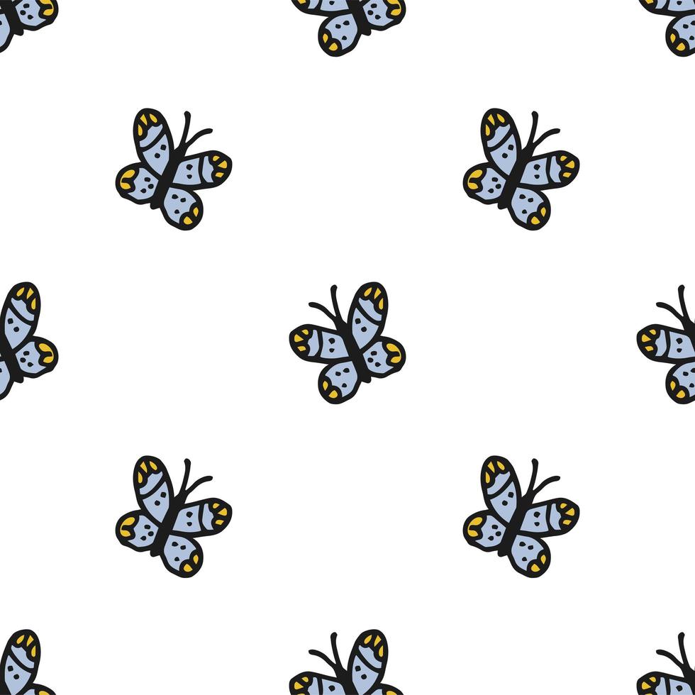 Seamless pattern. Doodle style hand drawn. Nature elements. Blue butterfly on a white background. vector