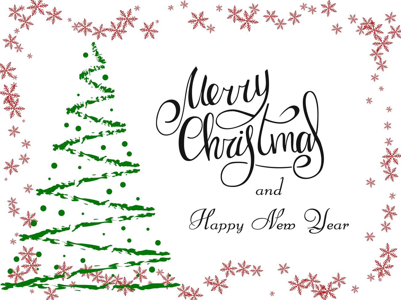 Handwritten black lettering on a white background. Magic green Christmas tree made of brush strokes with red snowflakes. Merry Christmas and Happy New Year 2022. vector