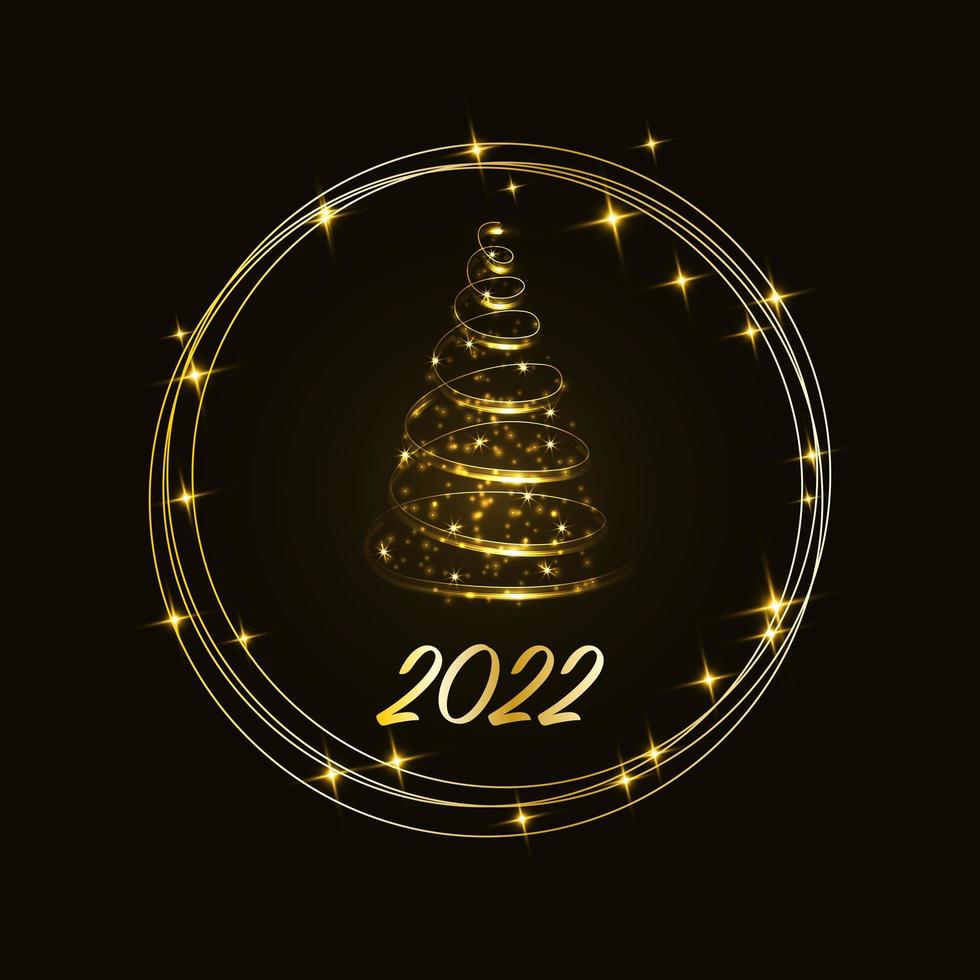 Magic sparkling golden Christmas tree with a bright glowing gold ring on a dark background. Merry Christmas and Happy New Year 2022. Vector illustration.