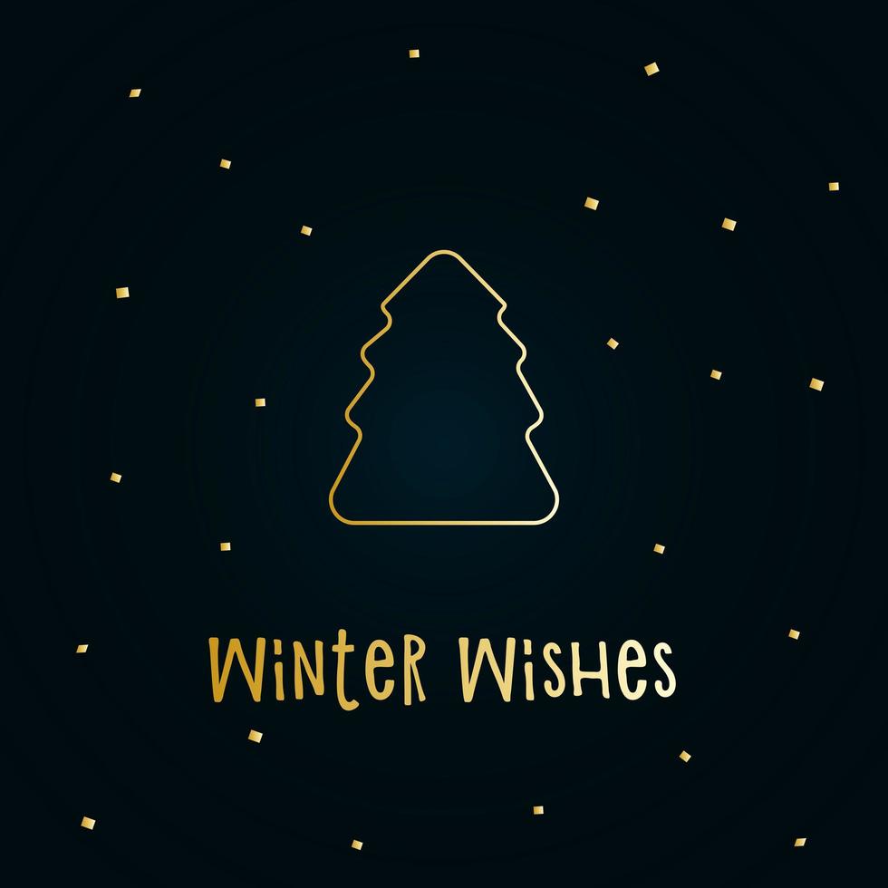 Golden silhouette of a Christmas tree with snow on a dark blue background. Merry Christmas and Happy New Year 2022. Vector illustration. Winter Wishes.