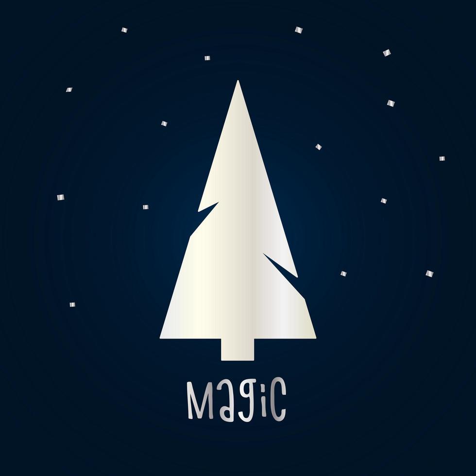 Silver silhouette of a Christmas tree with snow on a dark blue background. Merry Christmas and Happy New Year 2022. Vector illustration. Magic.