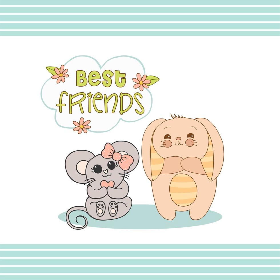 Hand drawn cute animals with lettering. Bunny with striped ears and a belly, Mouse with a pink bow and a heart, flower and leaves. Best Friends. White background. Vector. vector