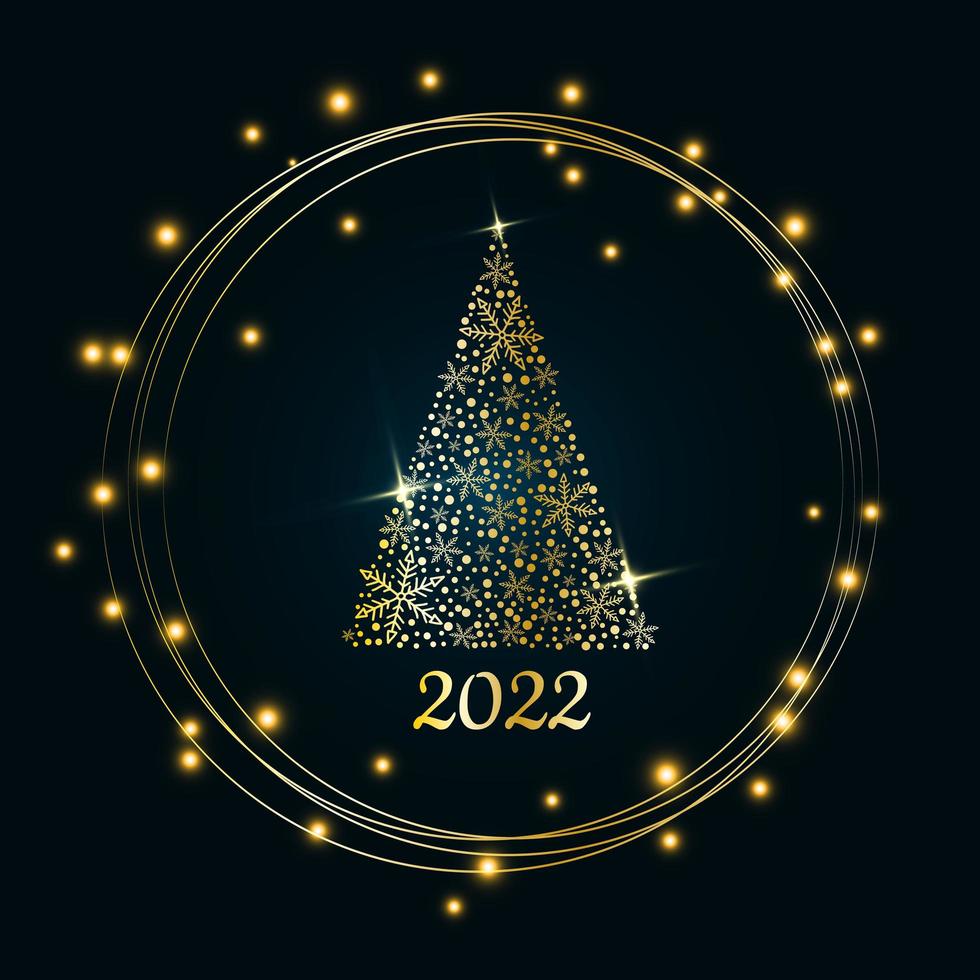 Magic golden Christmas tree of snowflakes with a bright glowing gold ring on a dark blue background. Merry Christmas and Happy New Year 2022. Vector illustration.