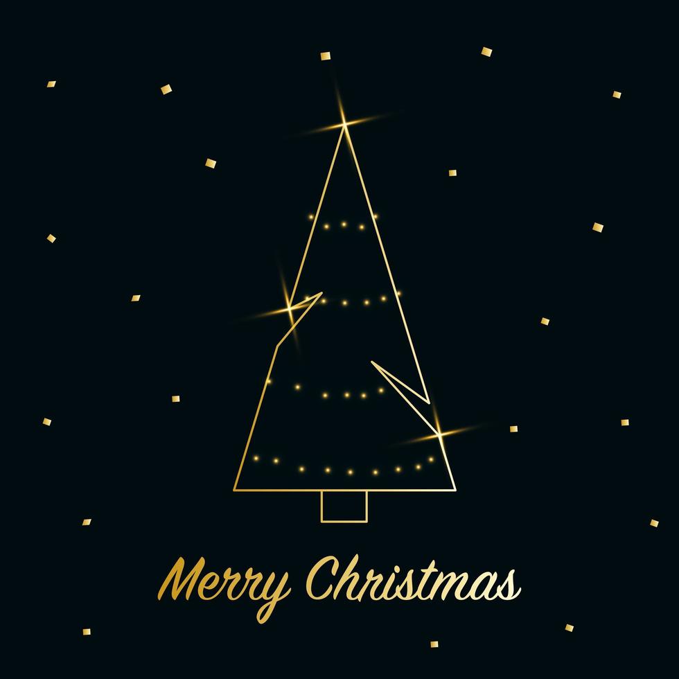 Sparkling Christmas Tree with shiny dust. Golden metallic outline icon on a dark blue background. Merry Christmas and Happy New Year 2022. Golden Metallic. Vector illustration.