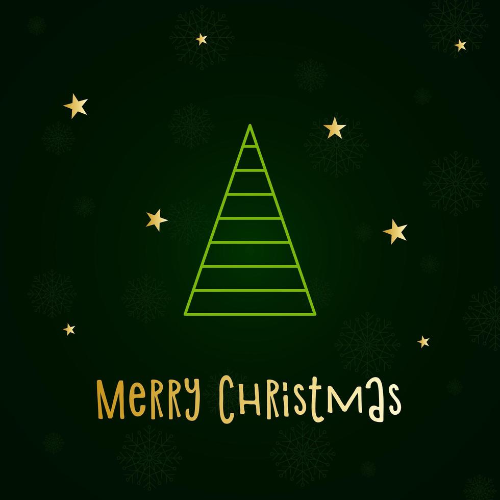 Green silhouette of a Christmas tree with snow and golden stars. Merry Christmas and Happy New Year 2022. Vector illustration.