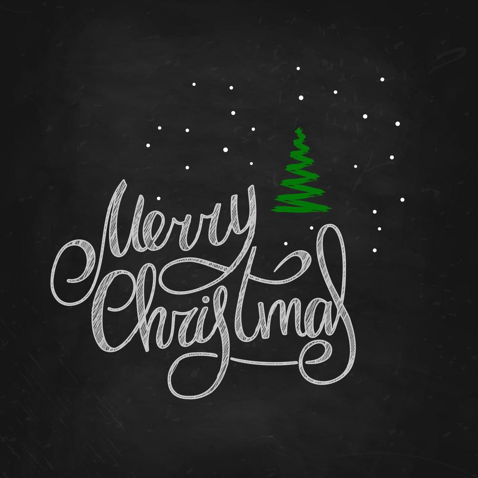 Merry Christmas. Handwritten lettering on a black chalk board with a green Christmas tree and snowflakes. New Year 2022. vector