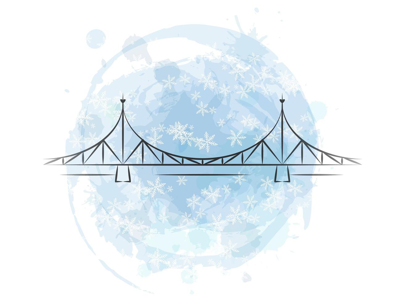 Tver is the city of Russia. The old bridge is the main symbol of the city. Vector illustration. Blue watercolor background with snowflakes.