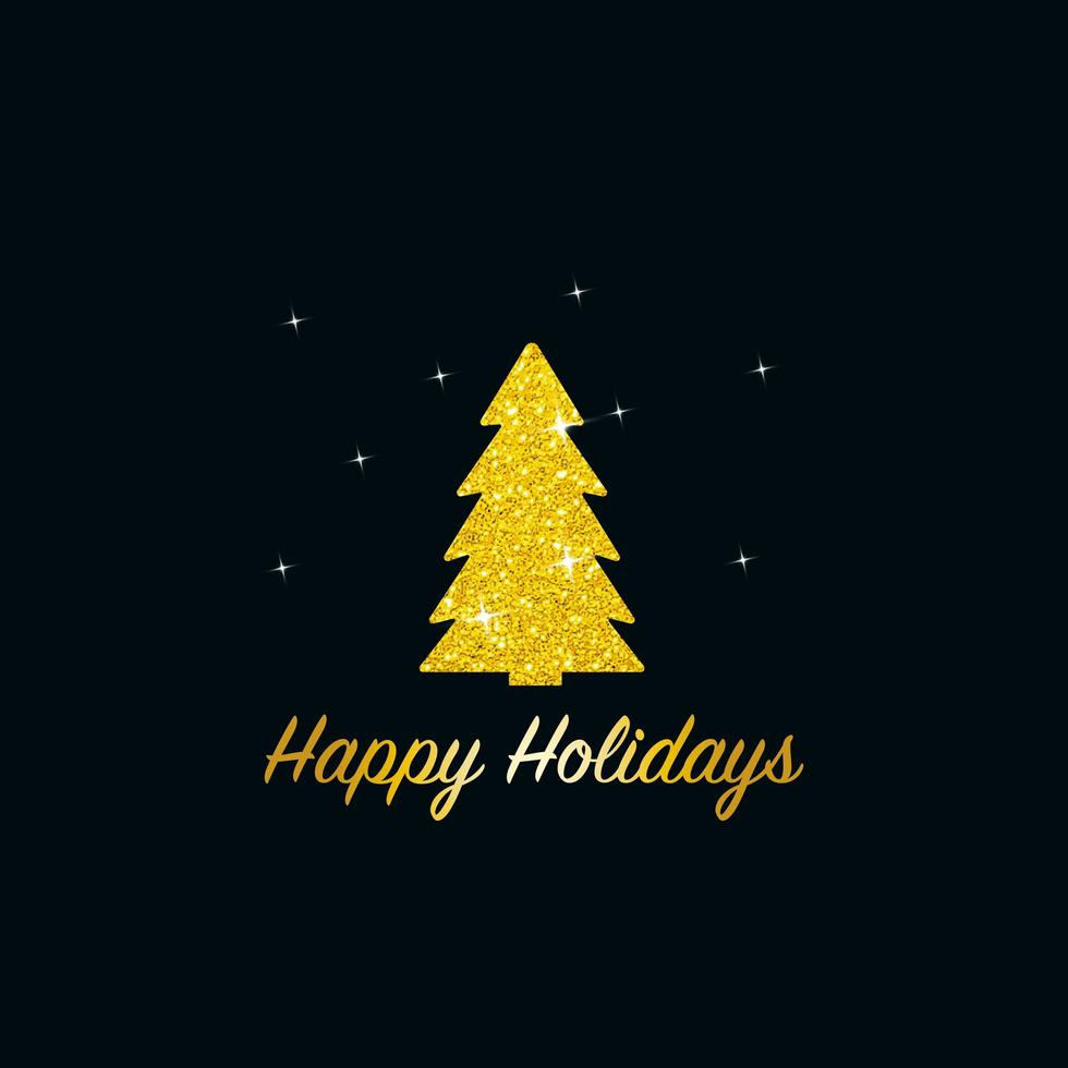 Sparkling Christmas Tree. Golden Metallic glitter icon on a dark blue background. Merry Christmas and Happy New Year 2022. Vector illustration.