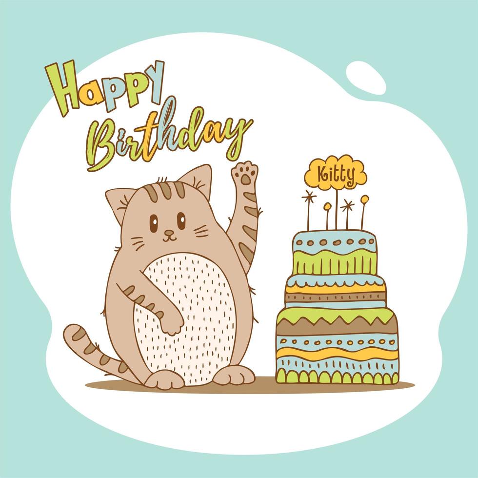 animales lindos dibujados a mano con letras. gato con pastel con velas. feliz cumpleaños. vector. vector