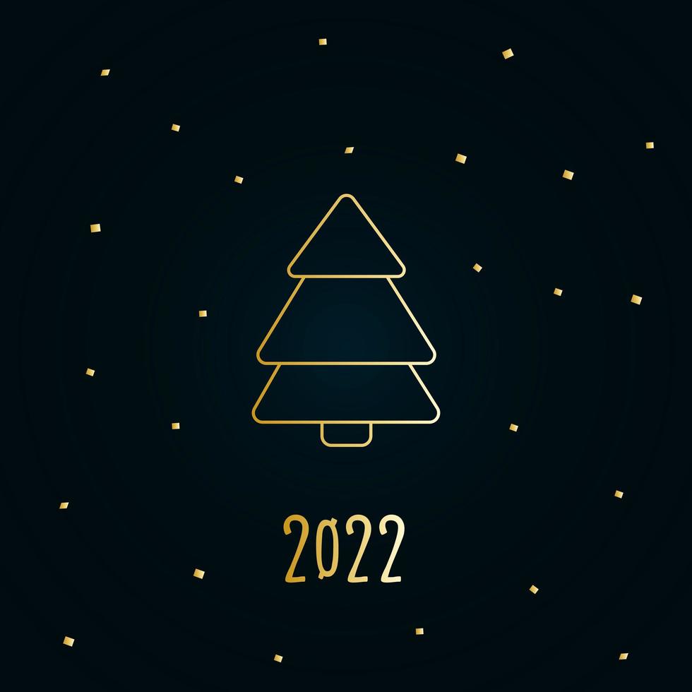 Golden silhouette of a Christmas tree with snow on a dark blue background. Merry Christmas and Happy New Year 2022. Vector illustration.