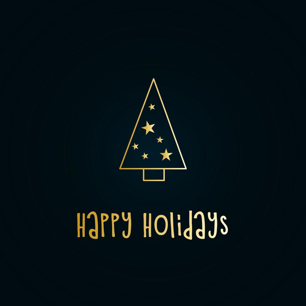 Golden silhouette of a Christmas tree with snow and stars on a dark blue background. Merry Christmas and Happy New Year 2022. Vector illustration. Happy Holidays.