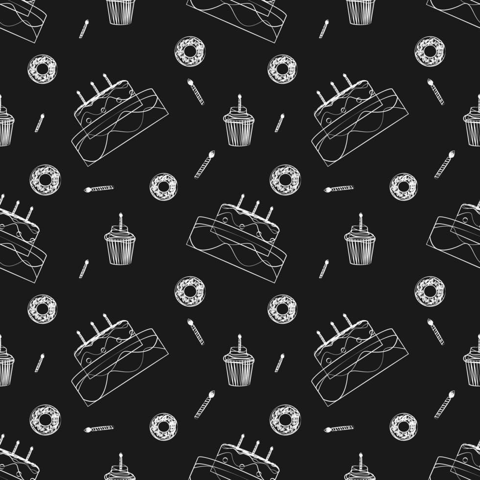 seamless pattern sketch design of birthday cake and donuts with line art. black background. food design for wallpaper, backdrop, cover, sale, shop and graphic design. vector illustration
