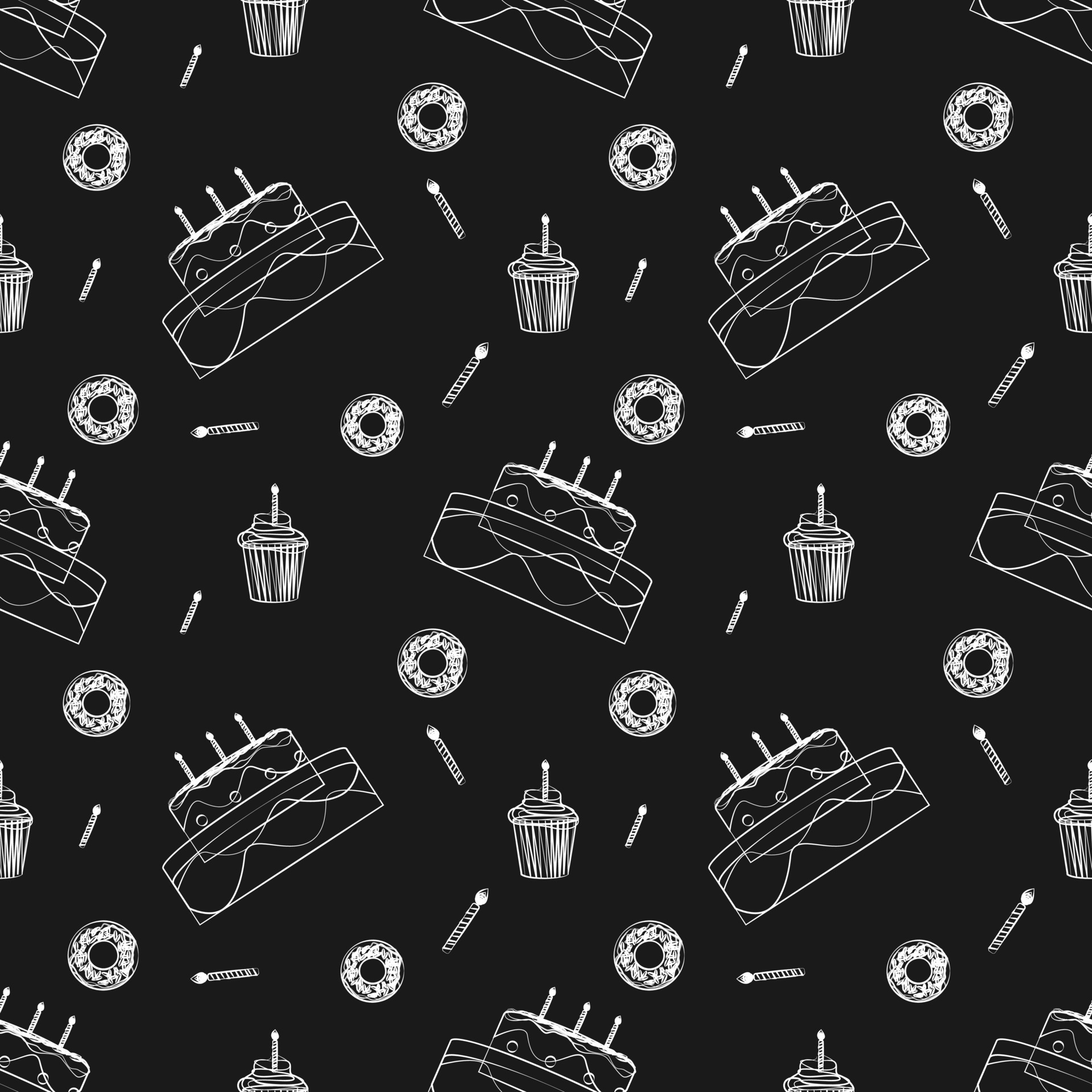 seamless pattern sketch design of birthday cake and donuts with line art. black  background. food design for wallpaper, backdrop, cover, sale, shop and  graphic design. vector illustration 4411916 Vector Art at Vecteezy