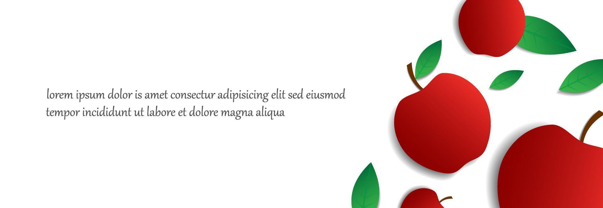 Plantilla de fondo blanco con diseño de fruta de manzana roja y hojas verdes. diseño promocional en forma de banners, tarjetas de felicitación y con fines de diseño gráfico. fondo moderno simple y único vector