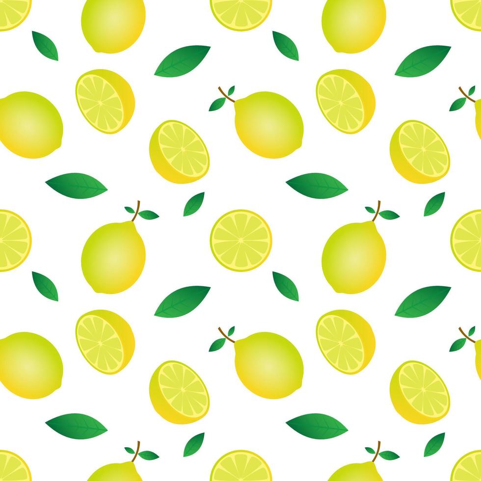 Ilustración de vector de patrones sin fisuras de fruta de limón amarillo y diseño de hoja verde. Fondo blanco. diseño para papel tapiz, telón de fondo e impresión en tela. plantillas modernas