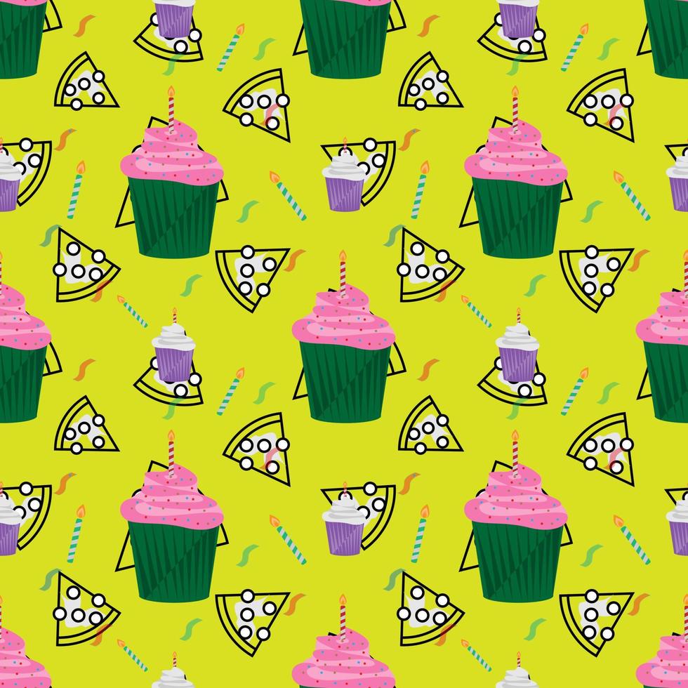 seamless pattern cake, pizza and candle designs. yellow background. food design for wallpaper, backdrop, cover, sale, sticker and graphic design. vector illustration