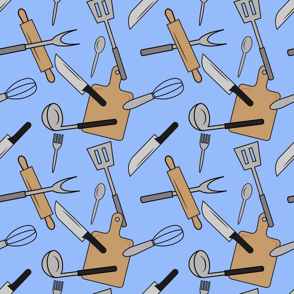 seamless pattern design of cooking utensils equipment. with blue abstract texture. for the theme of the kitchen, and food cooking wallpaper. can be printed on fabric. modern vector