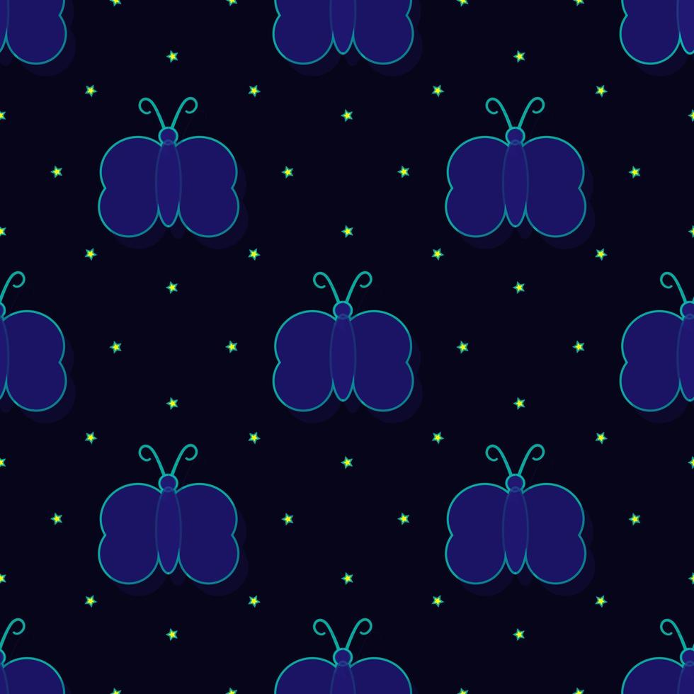 Vector butterfly and small star design illustration in bright green color. dark background. Seamless pattern designs for wallpapers, backdrops, covers, paper cut, stickers and prints on fabric.