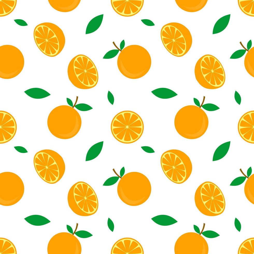 Ilustración de vector de patrones sin fisuras de fruta naranja y diseño de hoja verde. Fondo blanco. diseño para papel tapiz, telón de fondo e impresión en tela. plantillas modernas