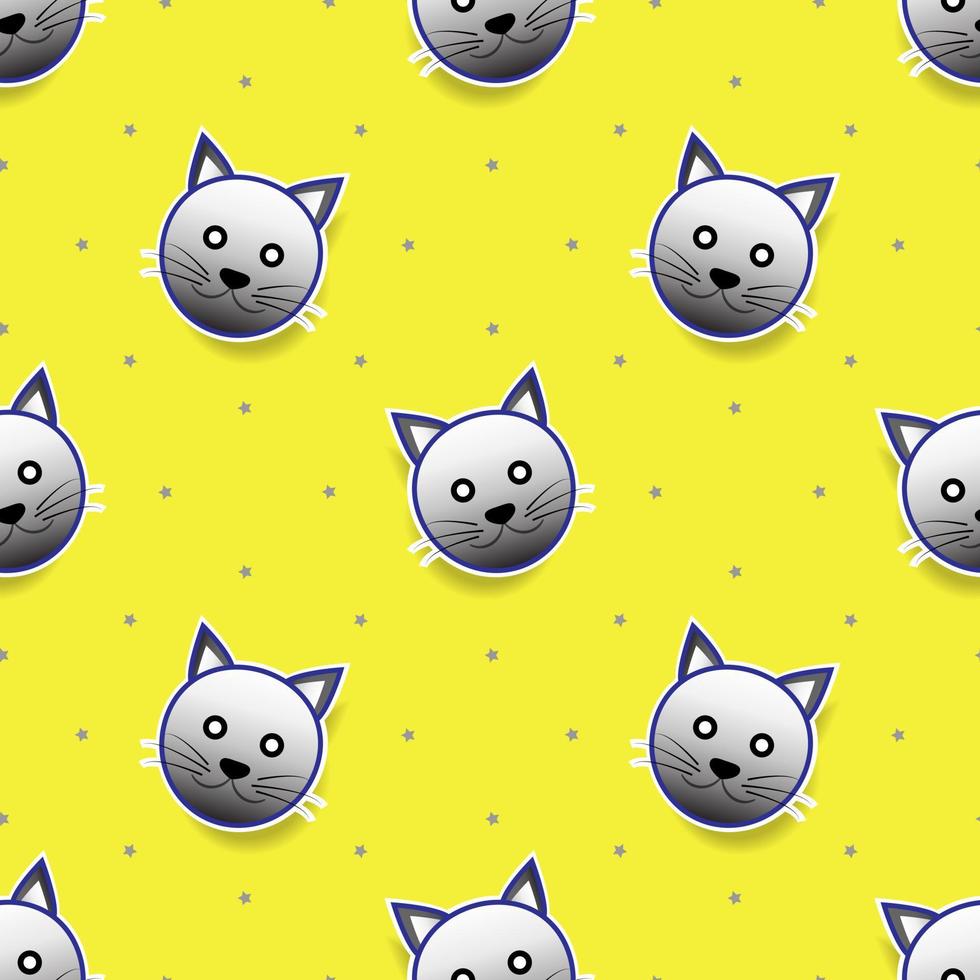 vector illustration of cat animal face design in white color. yellow background. Seamless pattern designs for wallpapers, backdrops, covers, paper cut, stickers and prints on fabric.