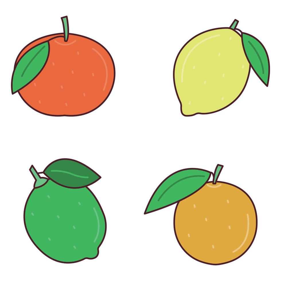 colorido conjunto de iconos de cítricos. pomelo, lima, limón, naranja. fruta entera. Ilustración de vector plano doodle