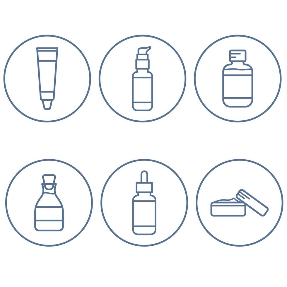 Organic cosmetics icons set. Cream, serum, ubtan, lotion, tonic, gel. Linear flat vector illustration