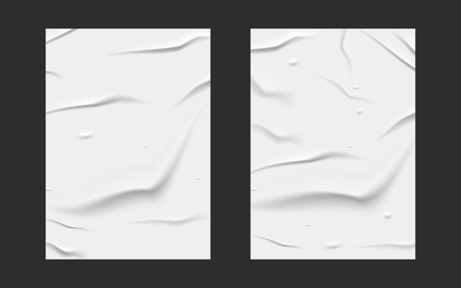 glued white paper set. white wet paper poster template set with crumpled texture. realistic posters on black background vector