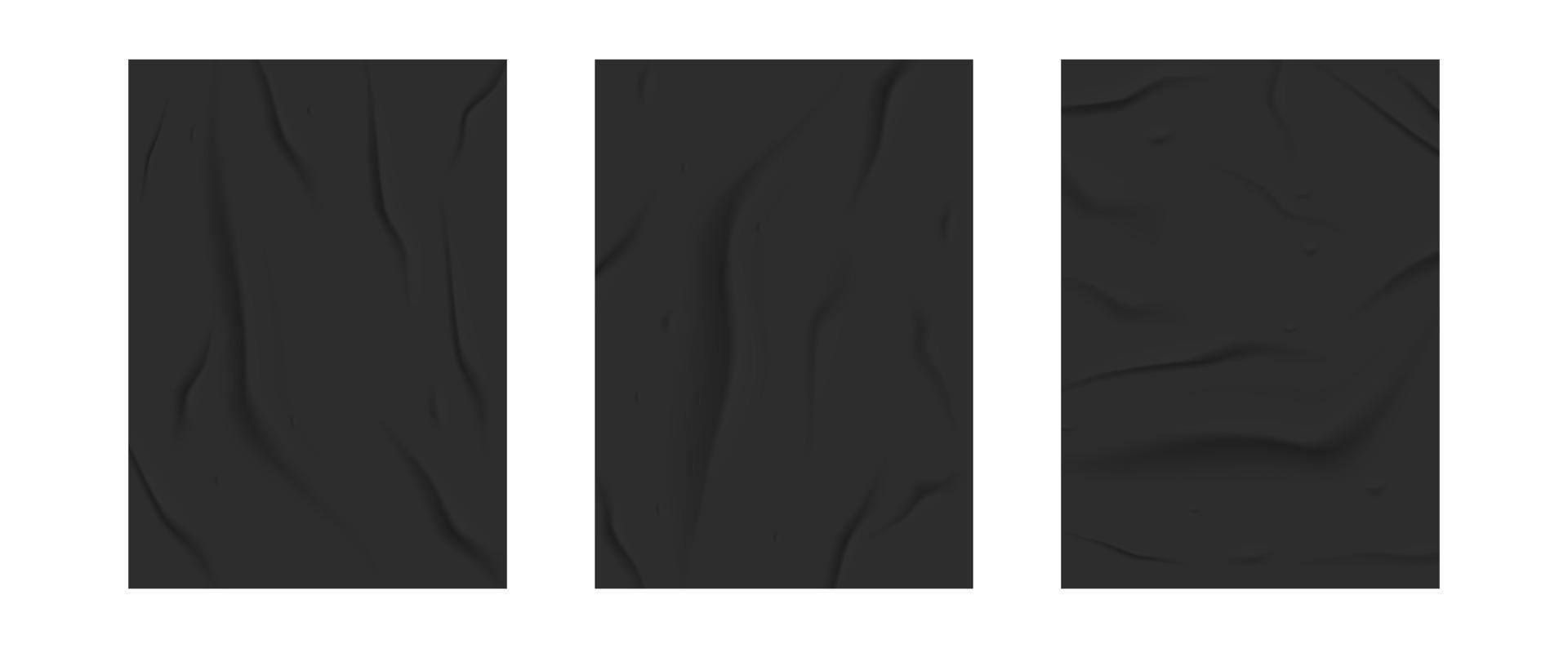 glued black paper set. black wet paper poster template set with crumpled texture. realistic posters on white background vector