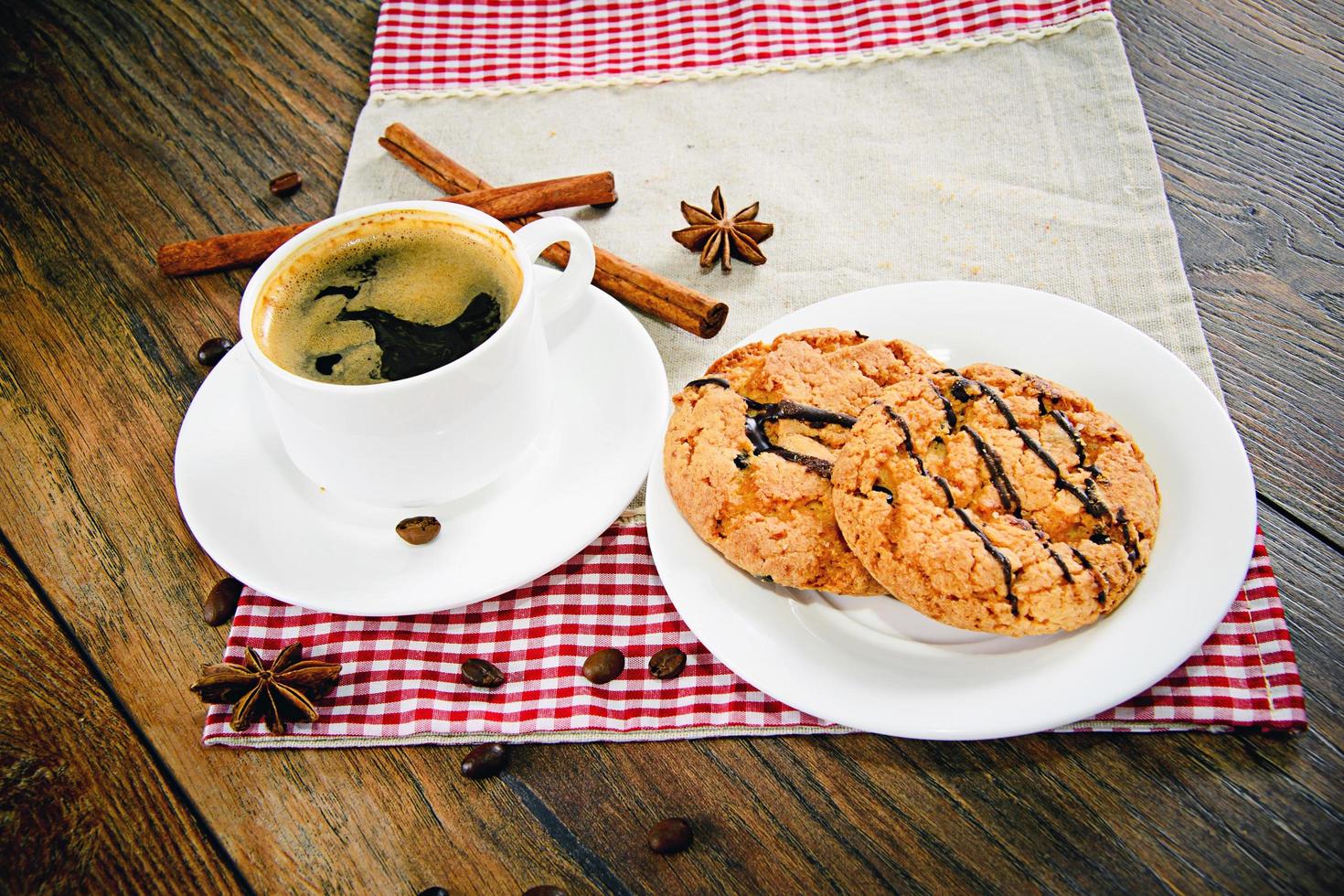 Coffee with Bakery on Woody Retro Background photo