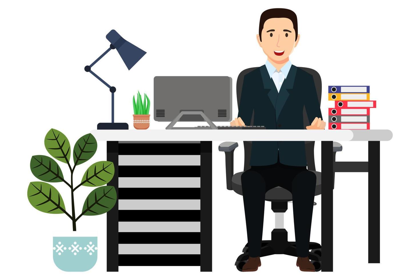 Hermoso personaje de empresario independiente ubicado en el escritorio con una moderna silla de oficina y lámpara de mesa con una carpeta de archivos de computadora portátil de pc con plantas de interior aisladas vector