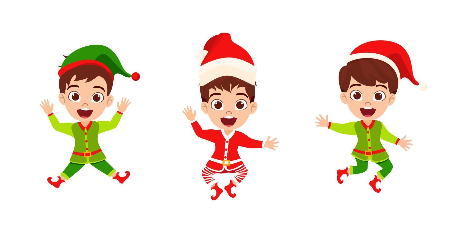 lindo y hermoso personaje de niños con traje de navidad y saludando coloridos y saltando en el cielo del aire vector