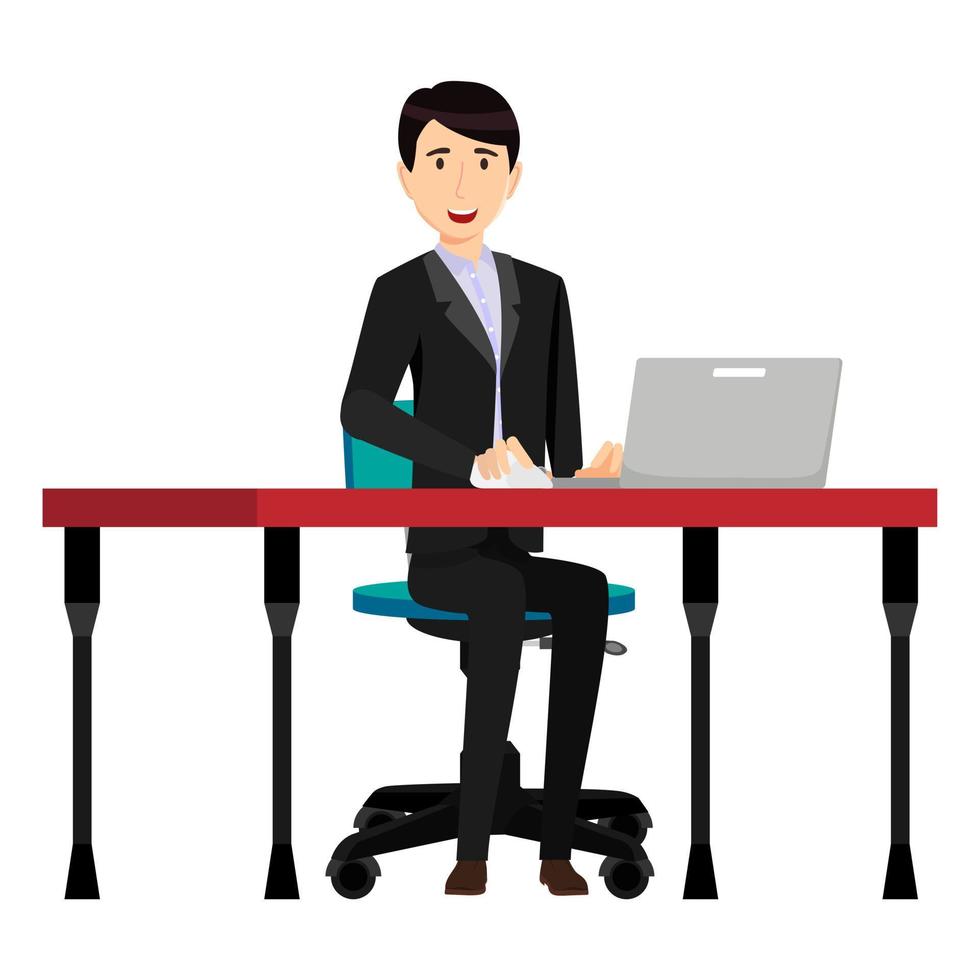 Cute beautiful businessman freelancer character siting on desk with modern office chair and table vector