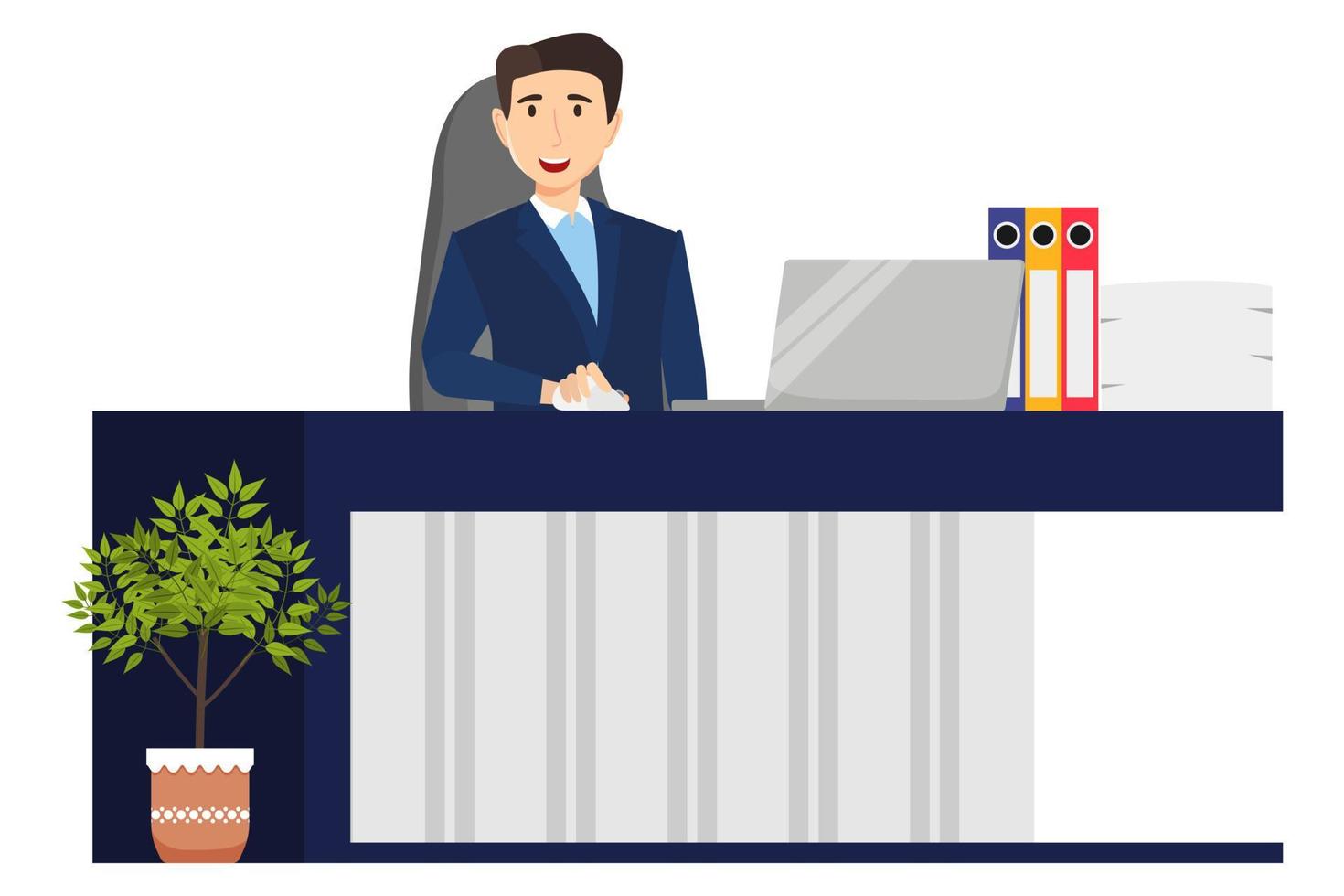 Cute beautiful businessman freelancer character siting on desk with modern office chair and table drawer cabinet with pc laptop computer file folder with house plants vector