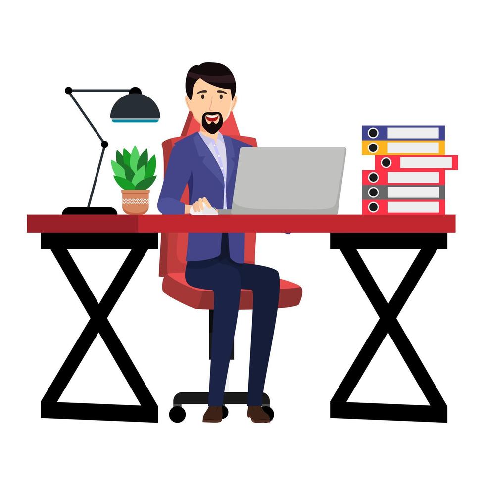 Hermoso personaje de empresario independiente ubicado en el escritorio con una moderna silla de oficina y lámpara de mesa con una carpeta de archivos para computadora portátil con plantas de interior vector