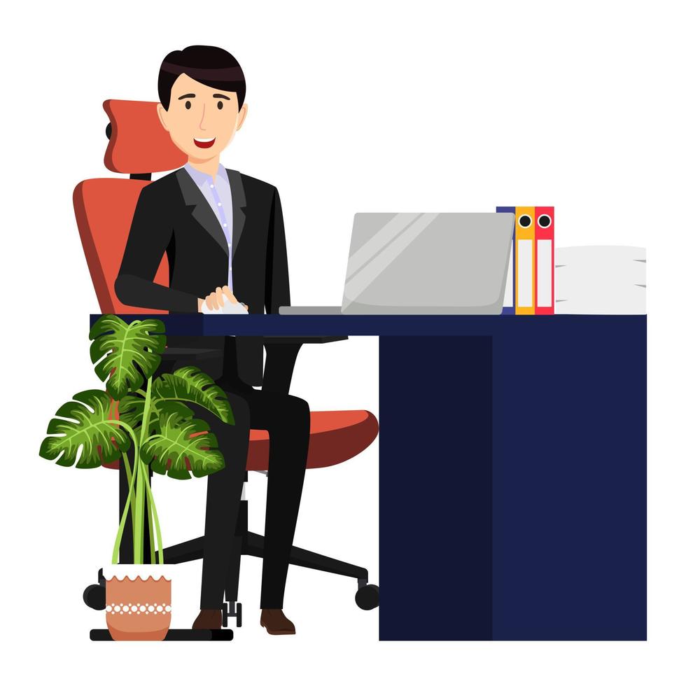 Cute beautiful businessman freelancer character siting on desk with modern office chair and table with pc laptop file folder with house plants vector