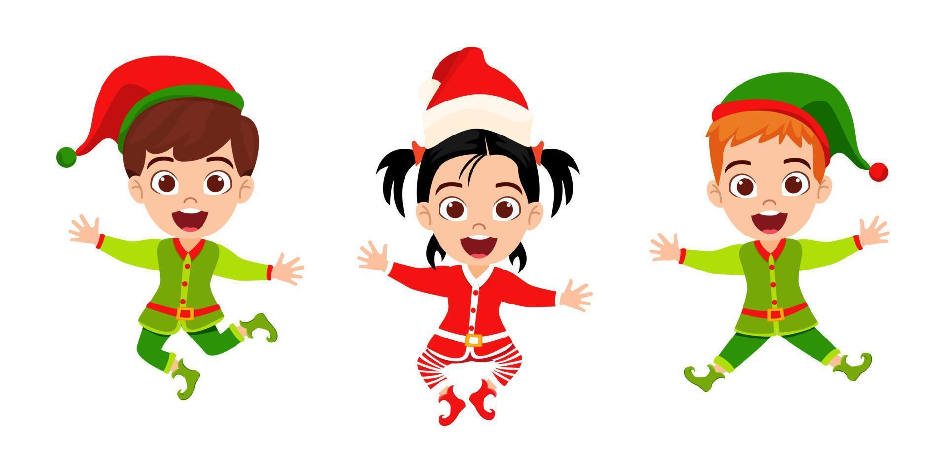 Cute beautiful kid boys and girl character wearing Christmas outfit and waving colorful and jumping on air sky vector