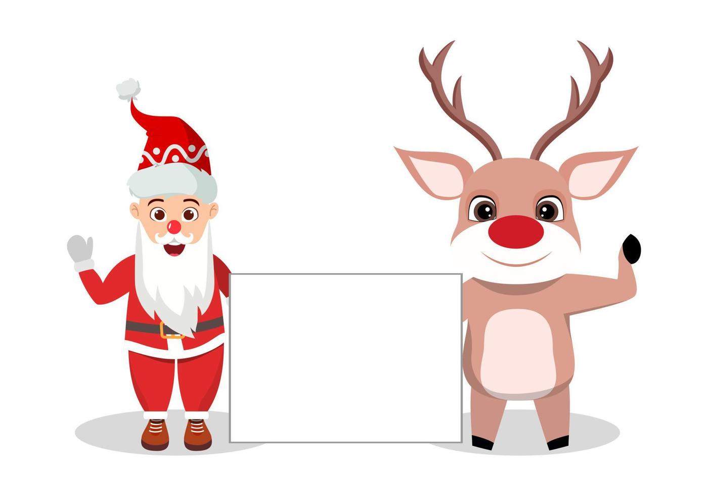 lindo hermoso personaje de navidad santa personaje de reno vistiendo traje de navidad de pie y sosteniendo un cartel en blanco vector