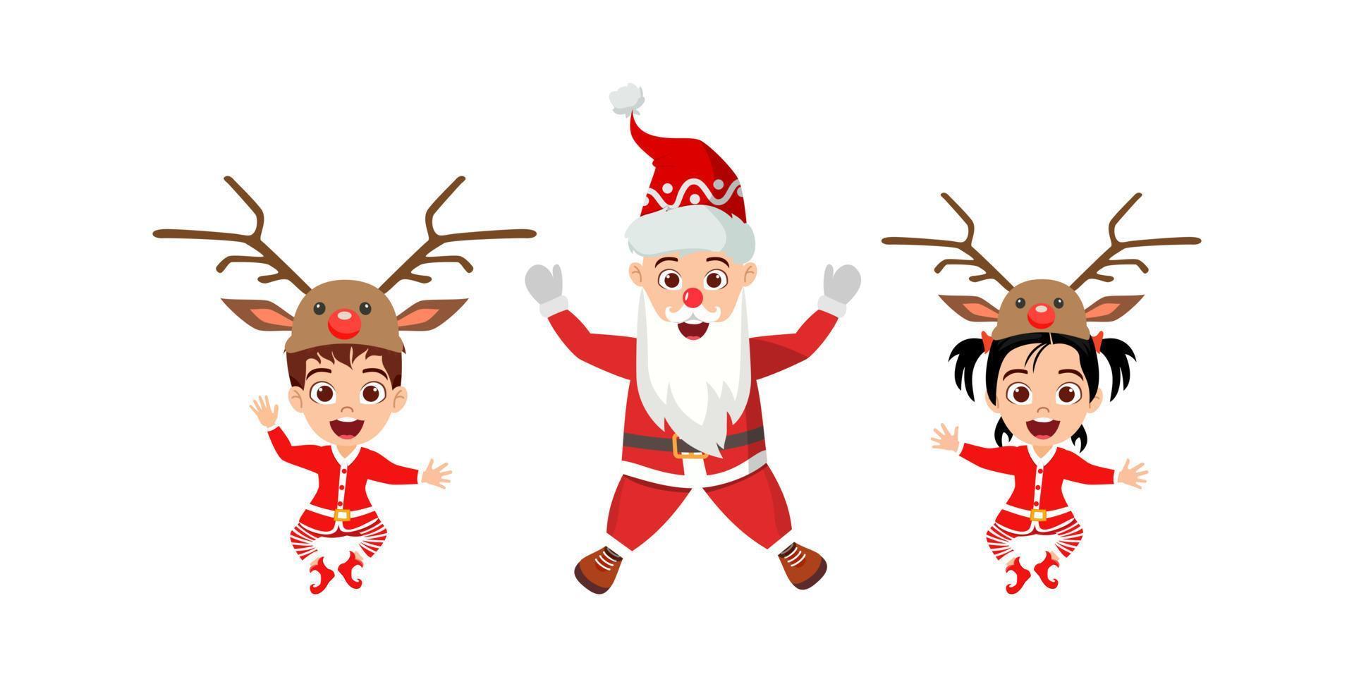 Cute beautiful kid boy and girl character Santa character wearing Christmas outfit and waving colorful and jumping on air sky with reindeer vector