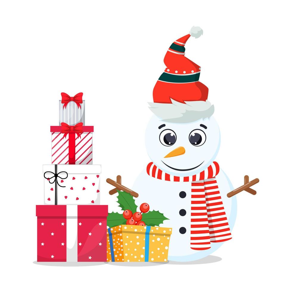 Lindo y hermoso personaje de muñeco de nieve con traje de Navidad y agitando coloridos y sosteniendo cajas de regalo y agitando aislado vector