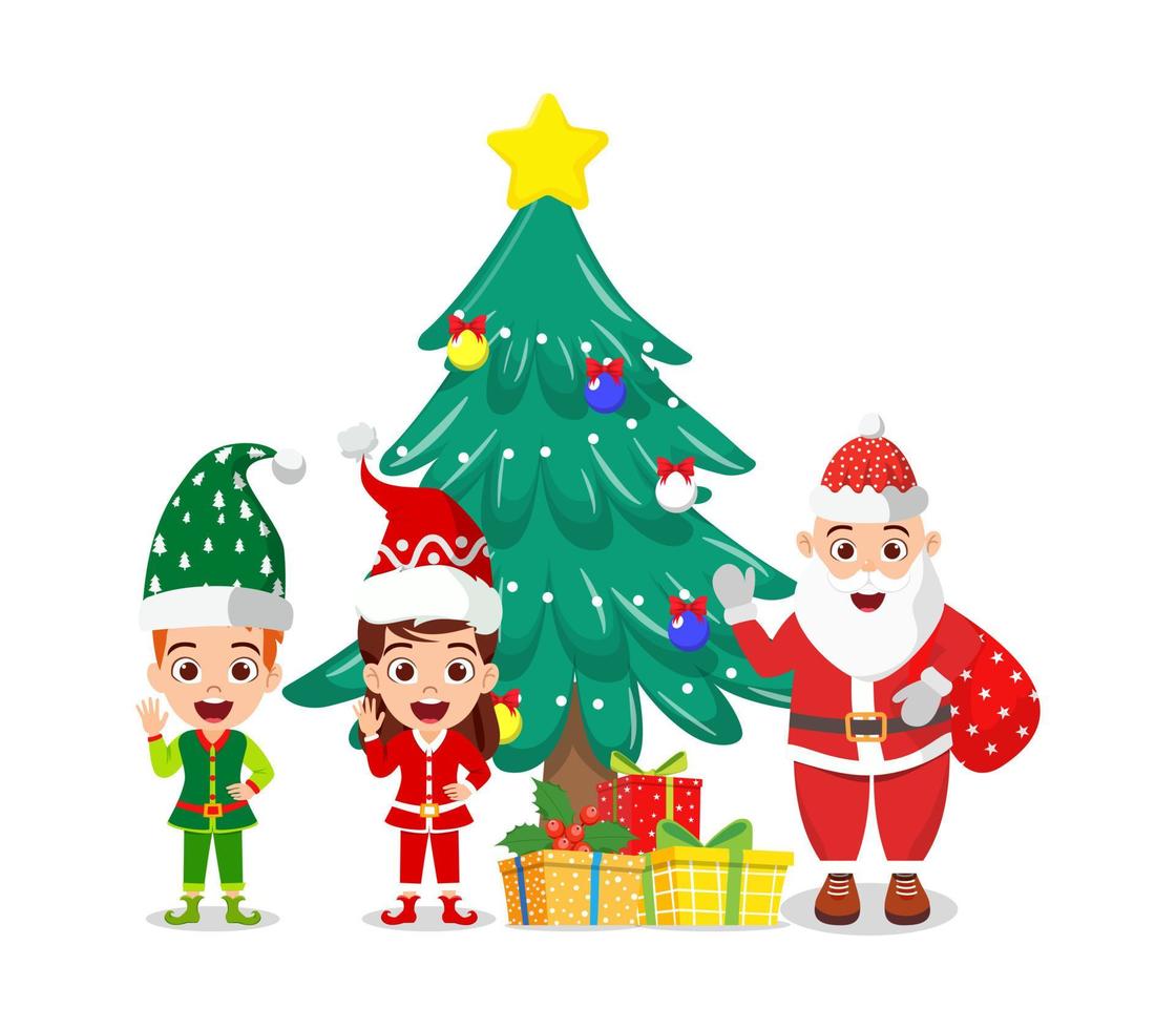 lindo niño hermoso personaje de niño y niña y personaje de santa vistiendo traje de navidad y saludando coloridos y sosteniendo cajas de regalo y saludando vector