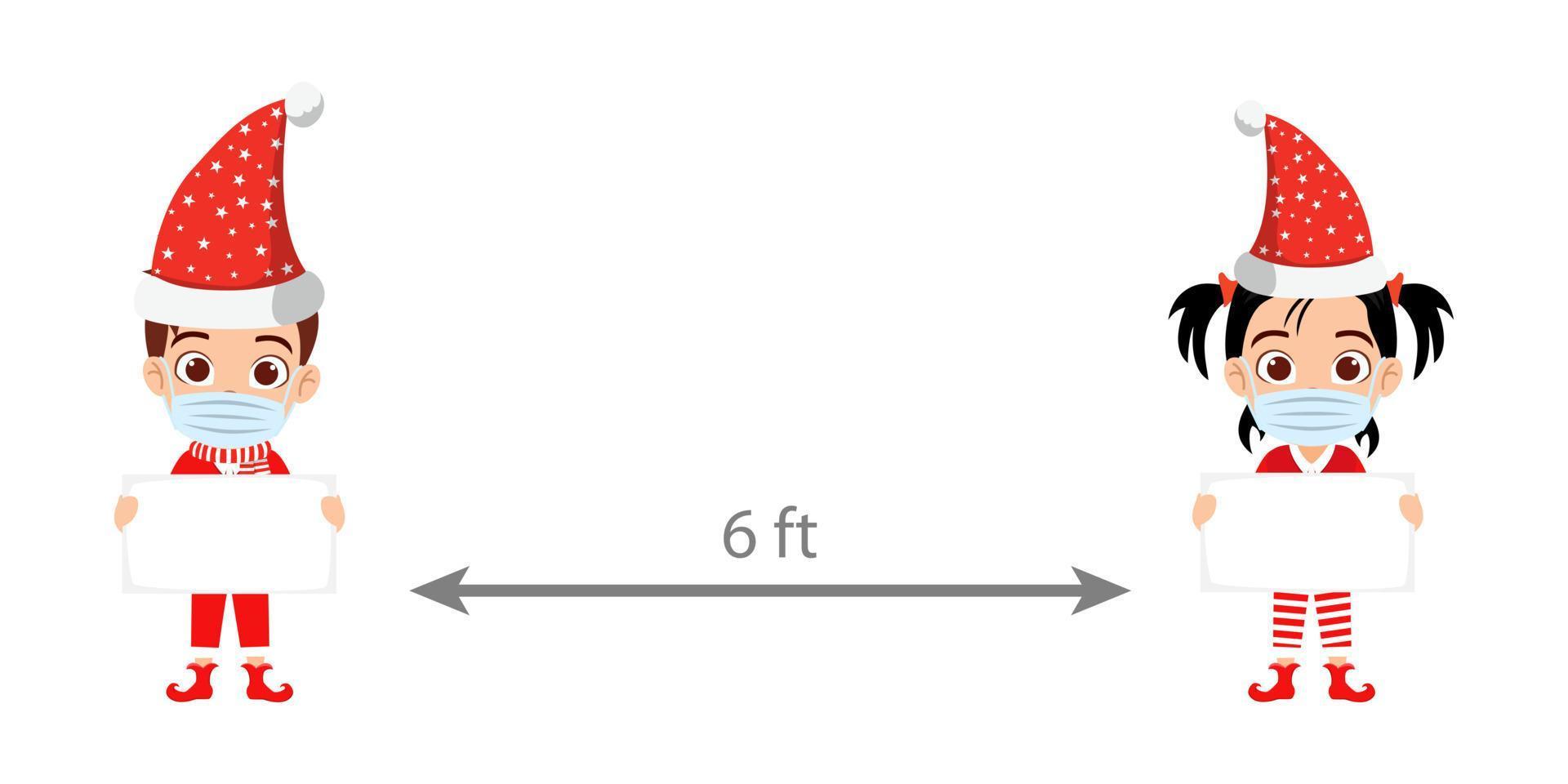 lindo niño hermoso personaje de niño y niña con traje de navidad y máscara facial sosteniendo un cartel y manteniendo una distancia social de 6 pies vector