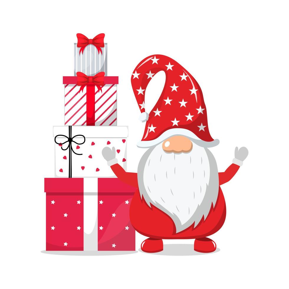 Cute beautiful Santa character wearing Christmas outfit and waving colorful and standing and waving with gift boxes vector