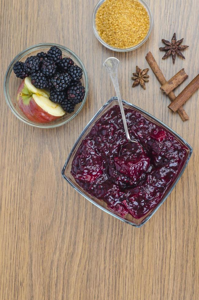 Sweet aromatic delicious blackberry and apple jam photo