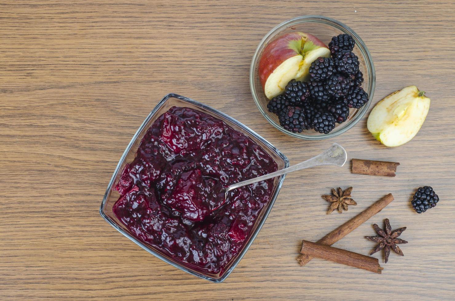 Sweet aromatic delicious blackberry and apple jam photo