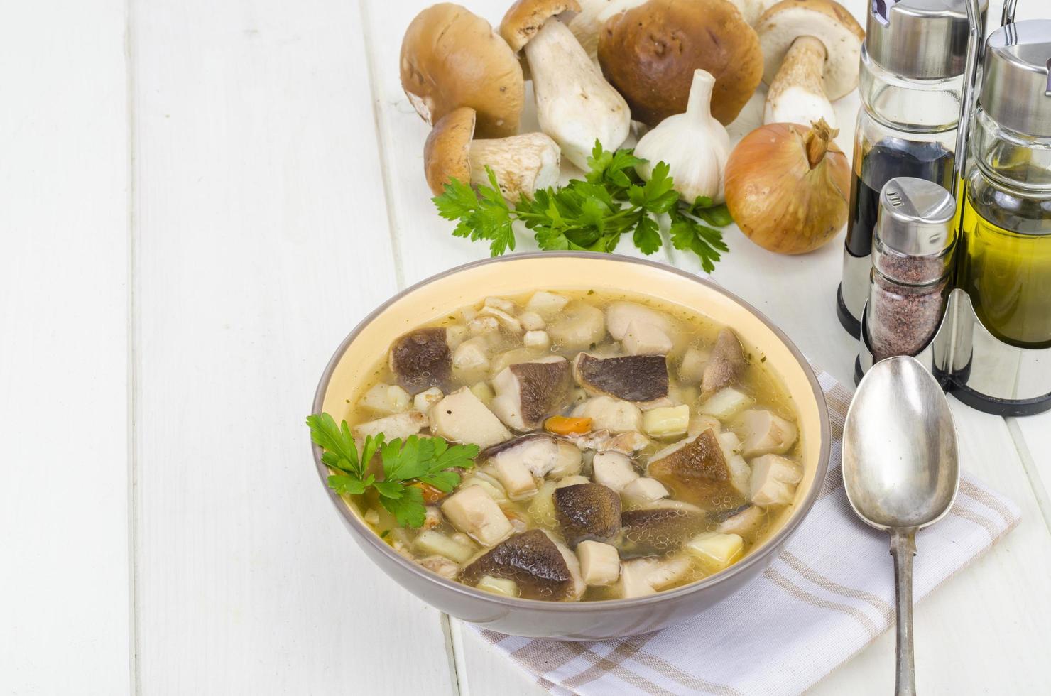 Tazón de sopa de hongos porcini comestibles del bosque en la mesa de madera foto