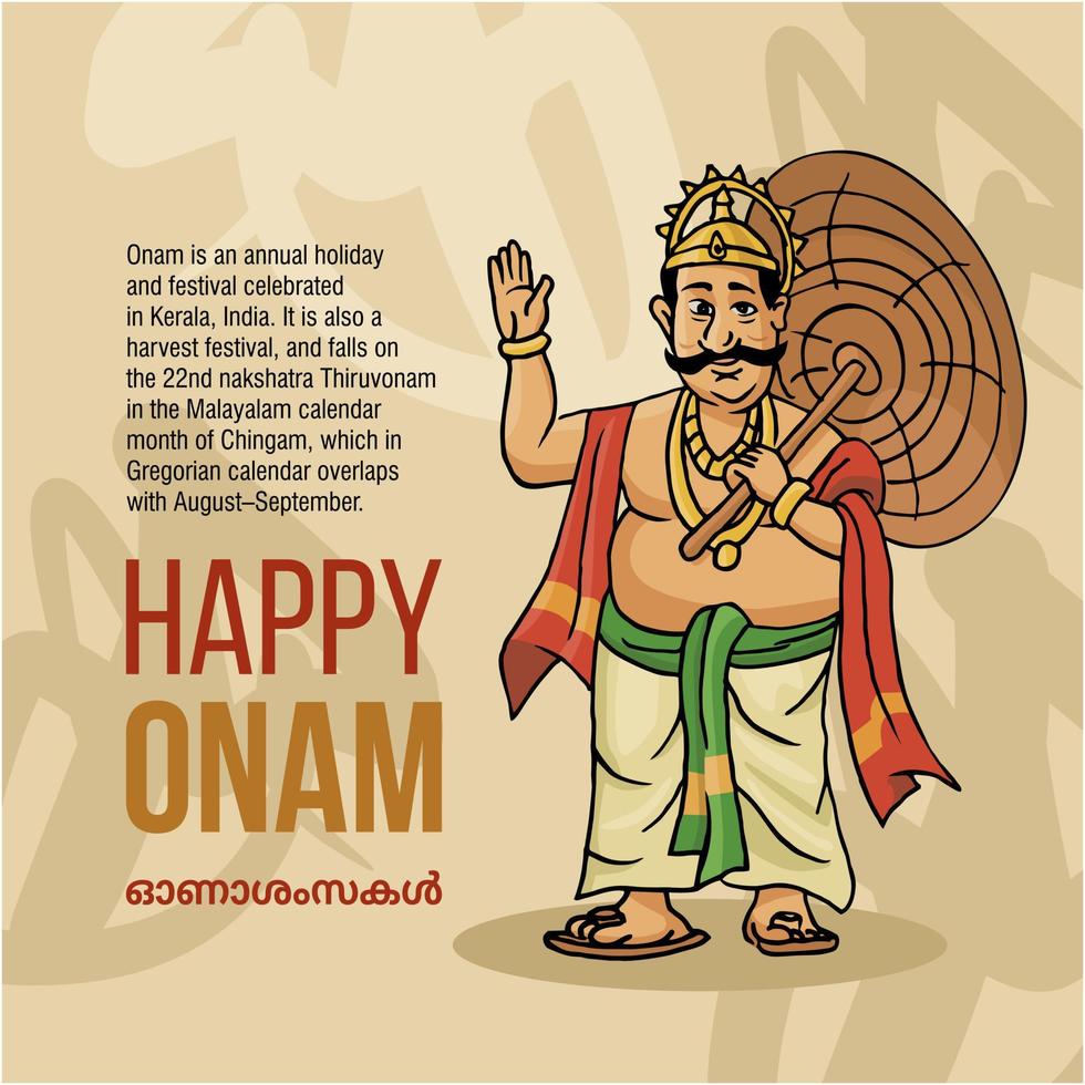 kerala onam festival mahabali también kown maveli en fondo antiguo con happy onam vector