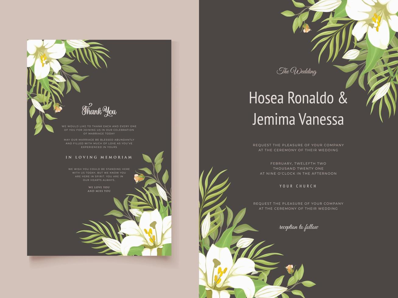 hermosa tarjeta de invitación de boda con flores de liliy vector