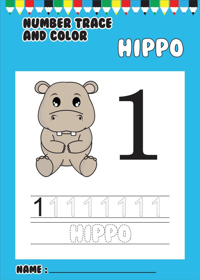trace and color number . trace the cute hippo . vector